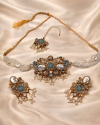 Pearl Beaded Floral Choker Set with Earrings & Tikka