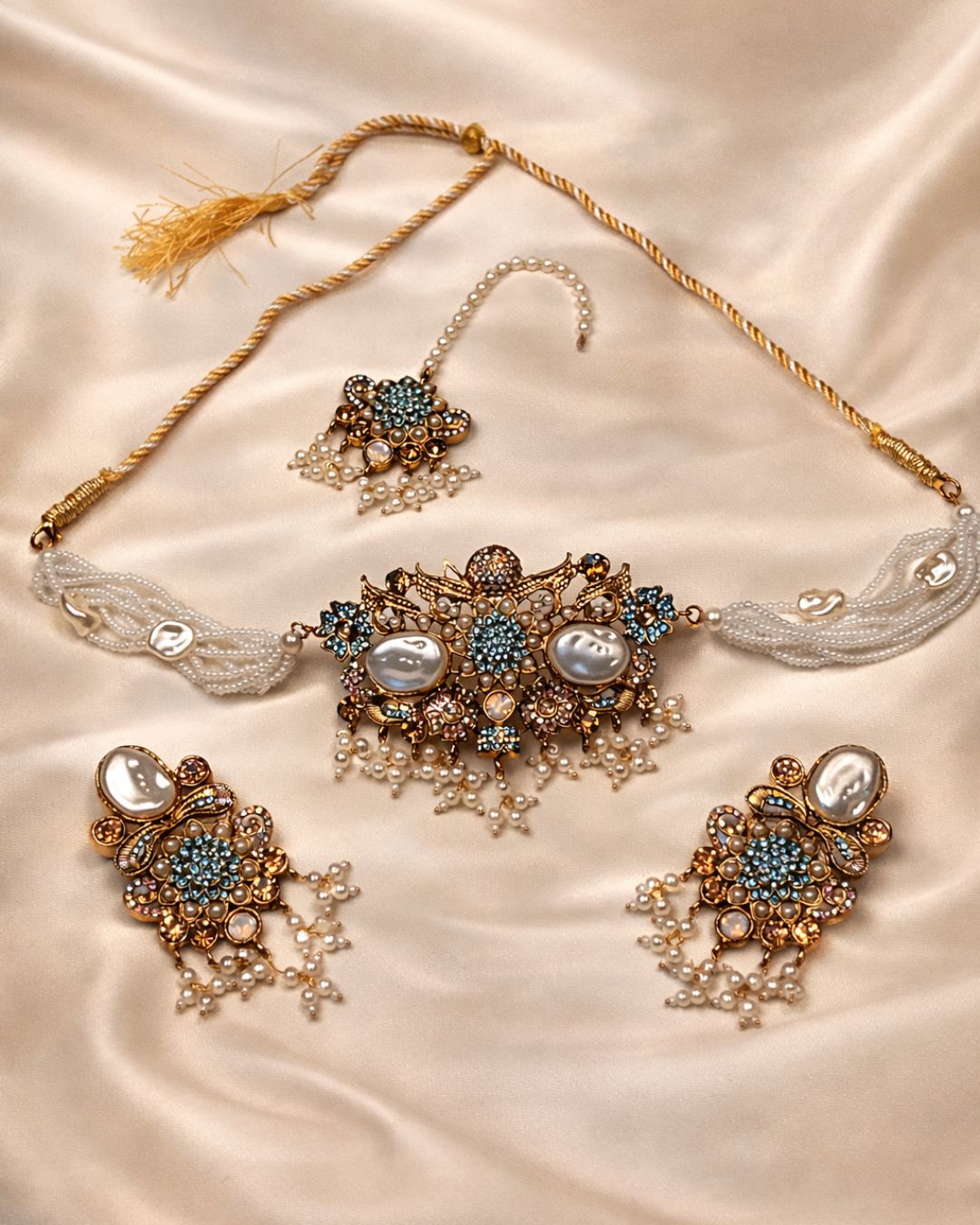 Pearl Beaded Floral Choker Set with Earrings & Tikka