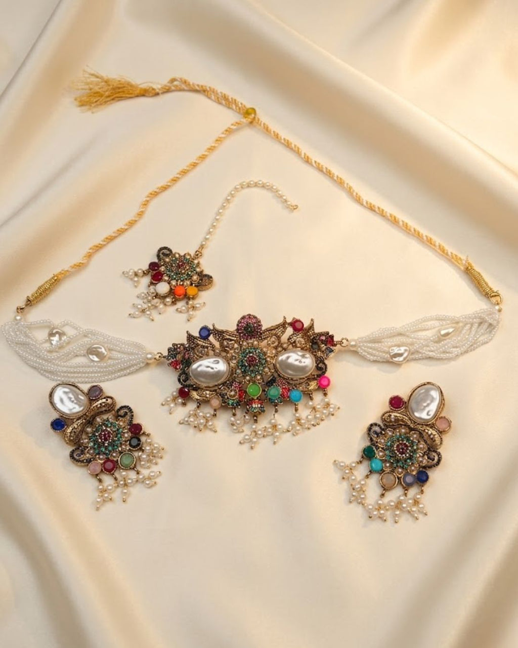Pearl Beaded Floral Choker Set with Earrings & Tikka