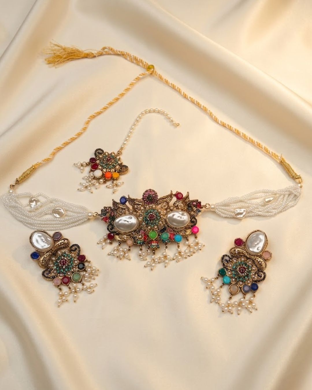Pearl Beaded Floral Choker Set with Earrings & Tikka