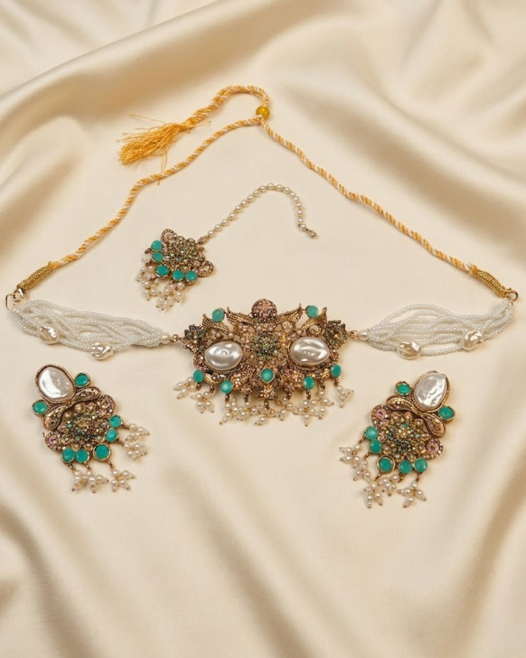 Pearl Beaded Floral Choker Set with Earrings & Tikka