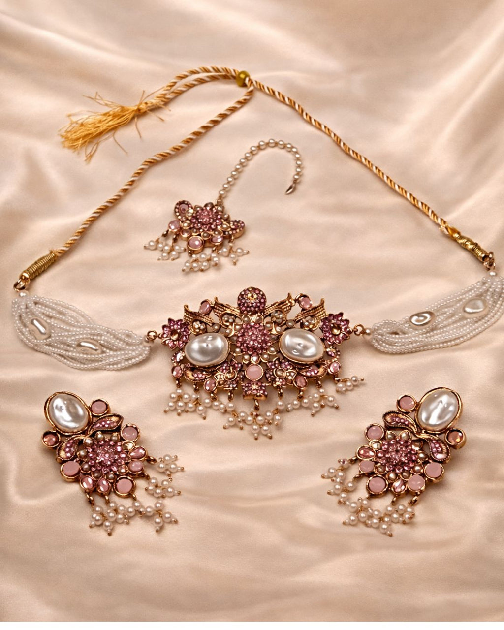 Pearl Beaded Floral Choker Set with Earrings & Tikka