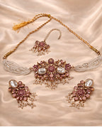 Pearl Beaded Floral Choker Set with Earrings & Tikka