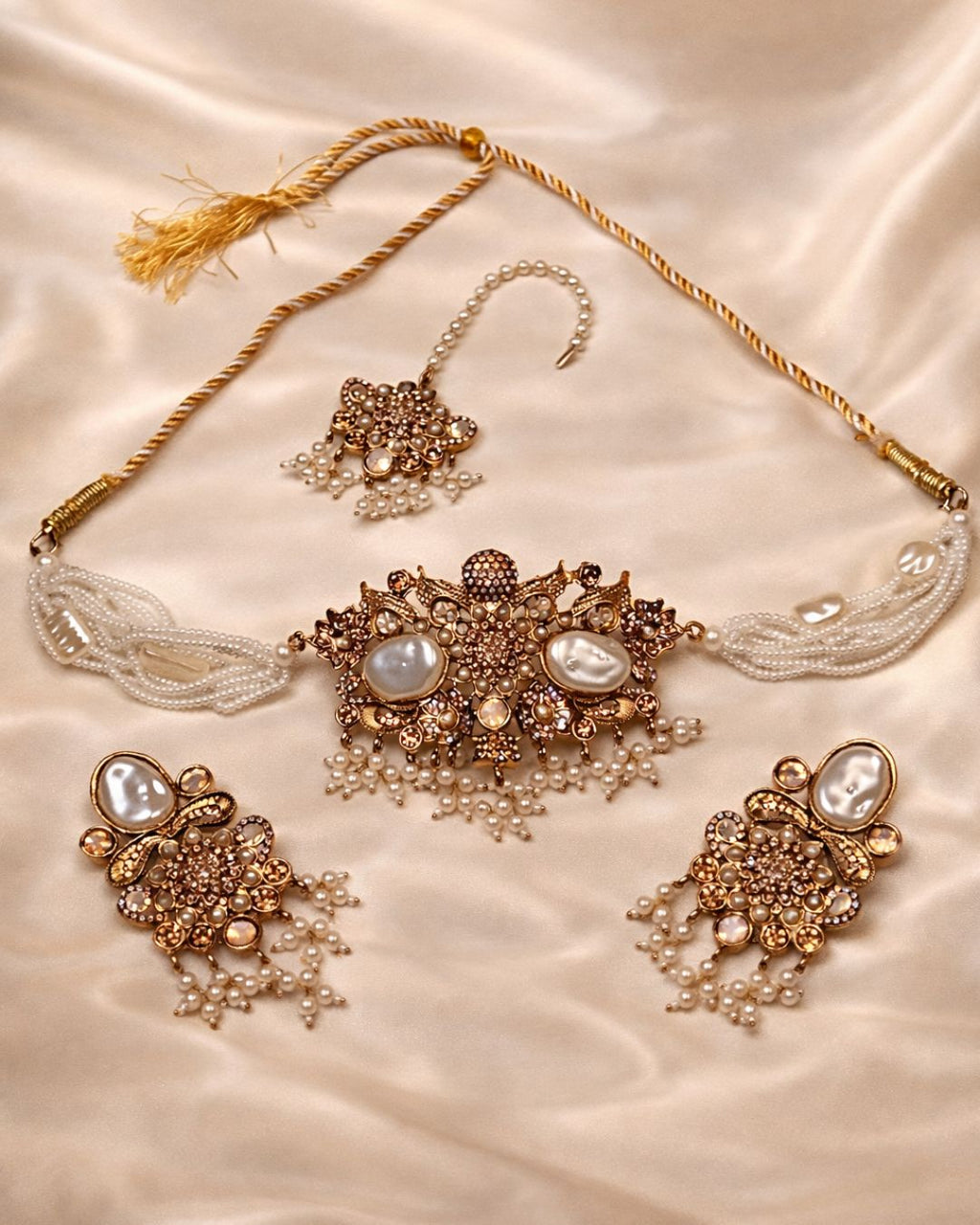 Pearl Beaded Floral Choker Set with Earrings & Tikka
