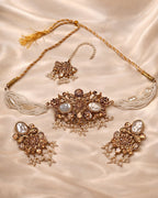 Pearl Beaded Floral Choker Set with Earrings & Tikka