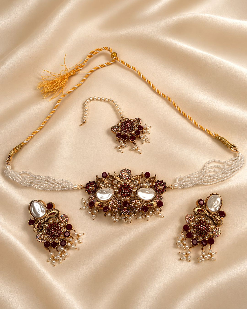 Pearl Beaded Floral Choker Set with Earrings & Tikka