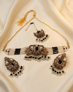 Pearl Beaded Square Stone Choker Set with Earrings & Tikka