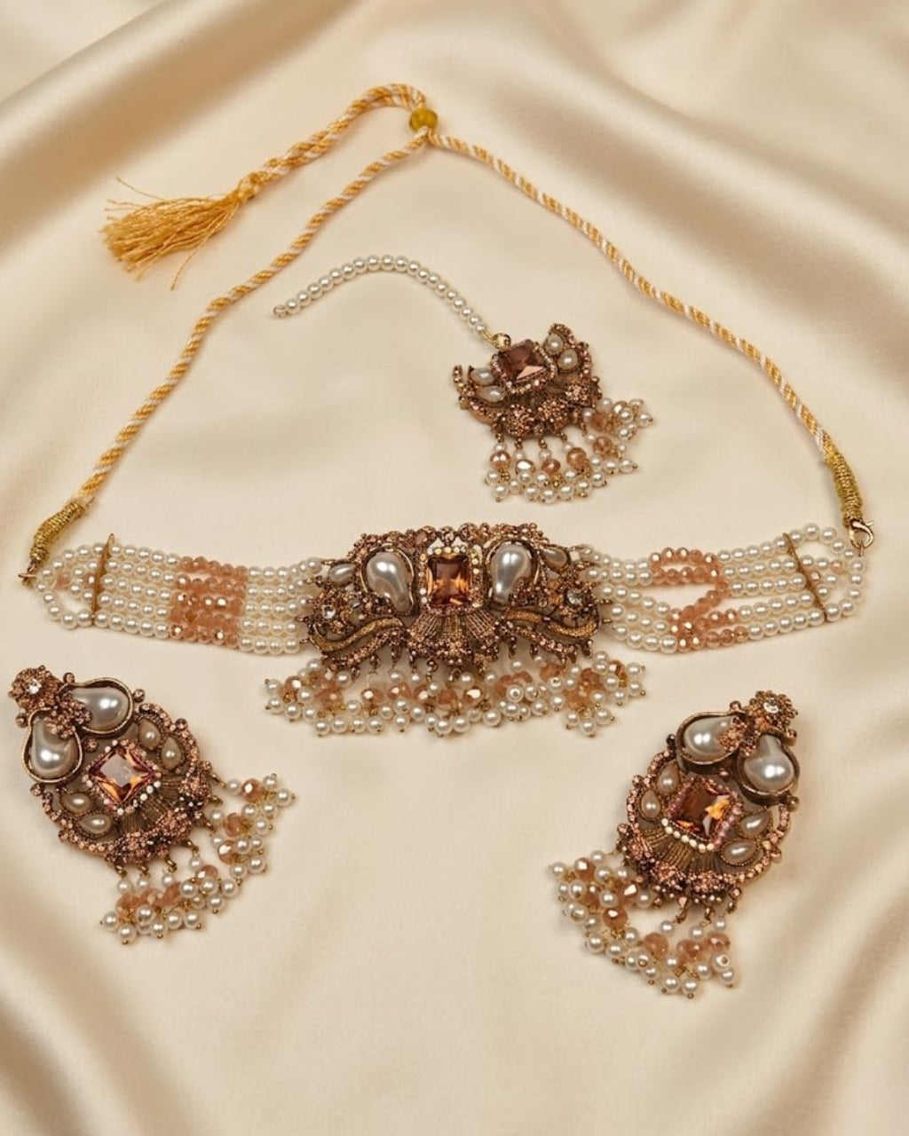 Pearl Beaded Square Stone Choker Set with Earrings & Tikka