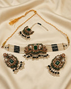 Pearl Beaded Square Stone Choker Set with Earrings & Tikka