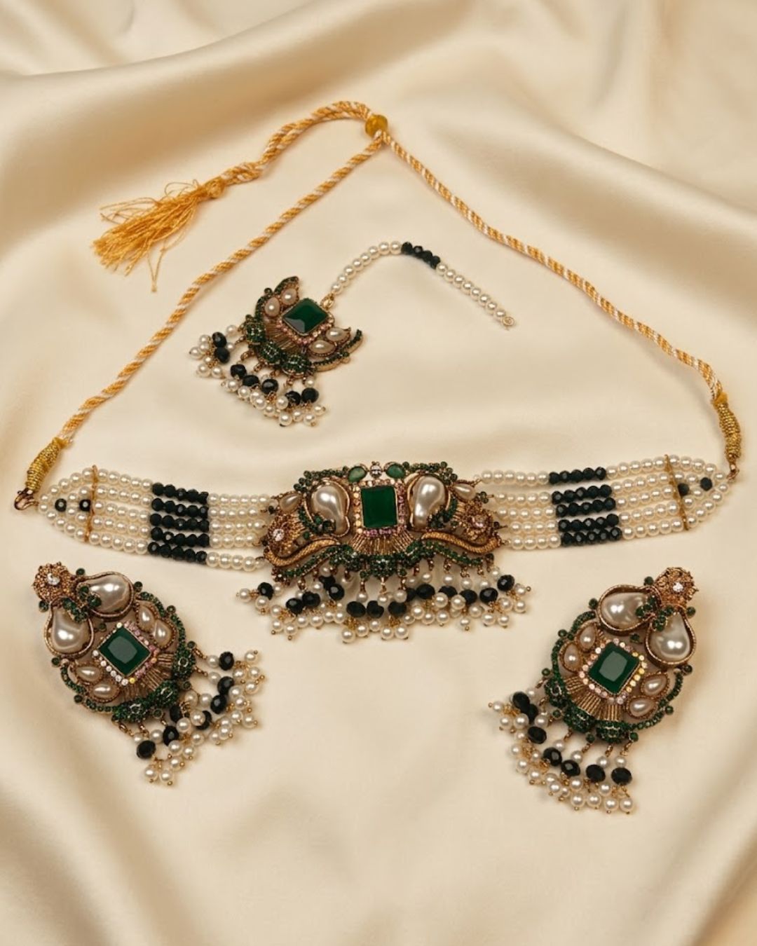 Pearl Beaded Square Stone Choker Set with Earrings & Tikka