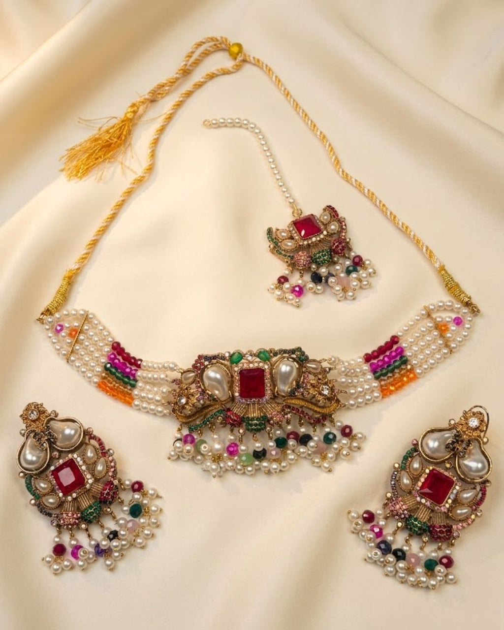 Pearl Beaded Square Stone Choker Set with Earrings & Tikka