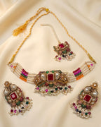Pearl Beaded Square Stone Choker Set with Earrings & Tikka