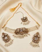 Pearl Beaded Square Stone Choker Set with Earrings & Tikka