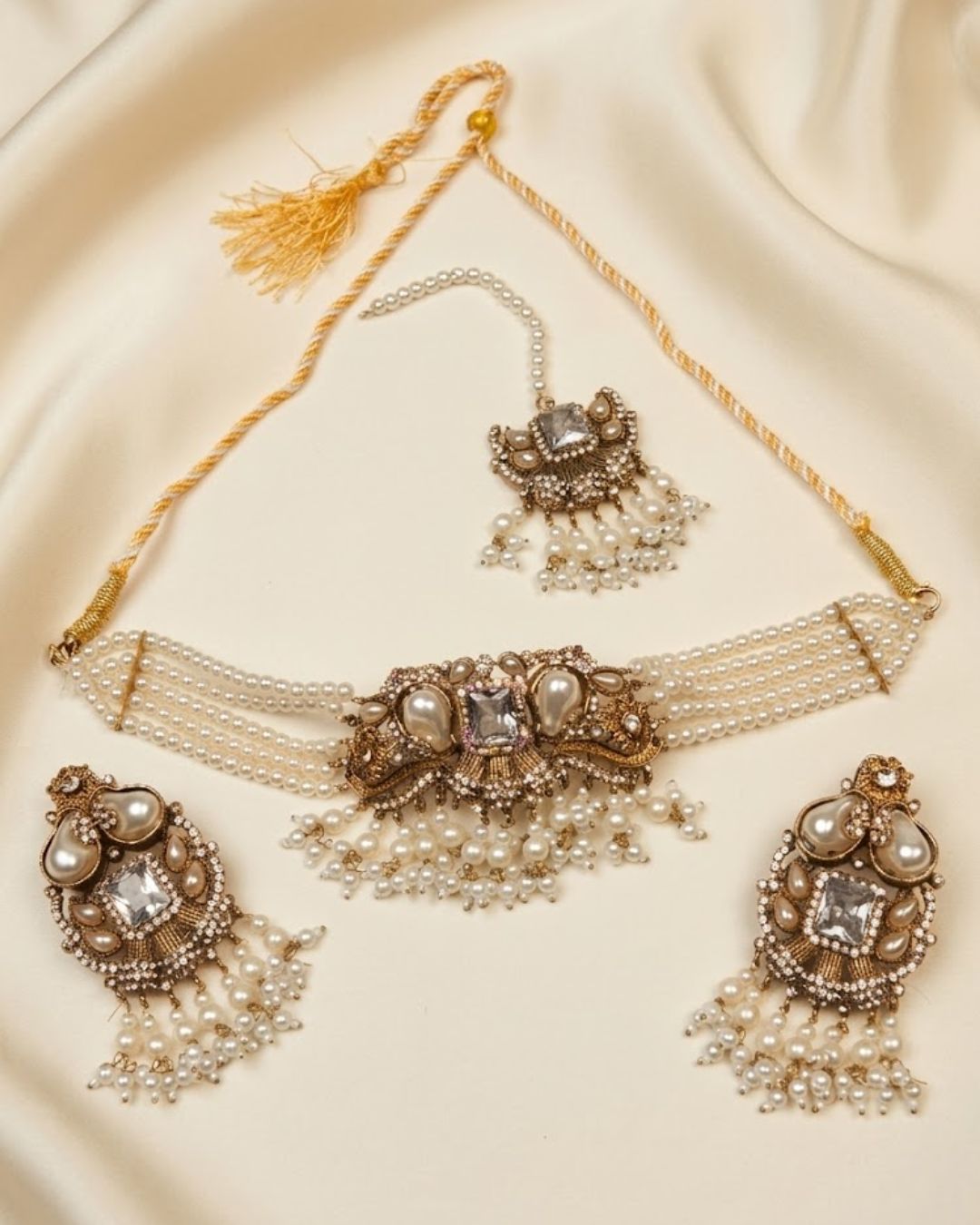 Pearl Beaded Square Stone Choker Set with Earrings & Tikka