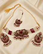 Pearl Beaded Square Stone Choker Set with Earrings & Tikka