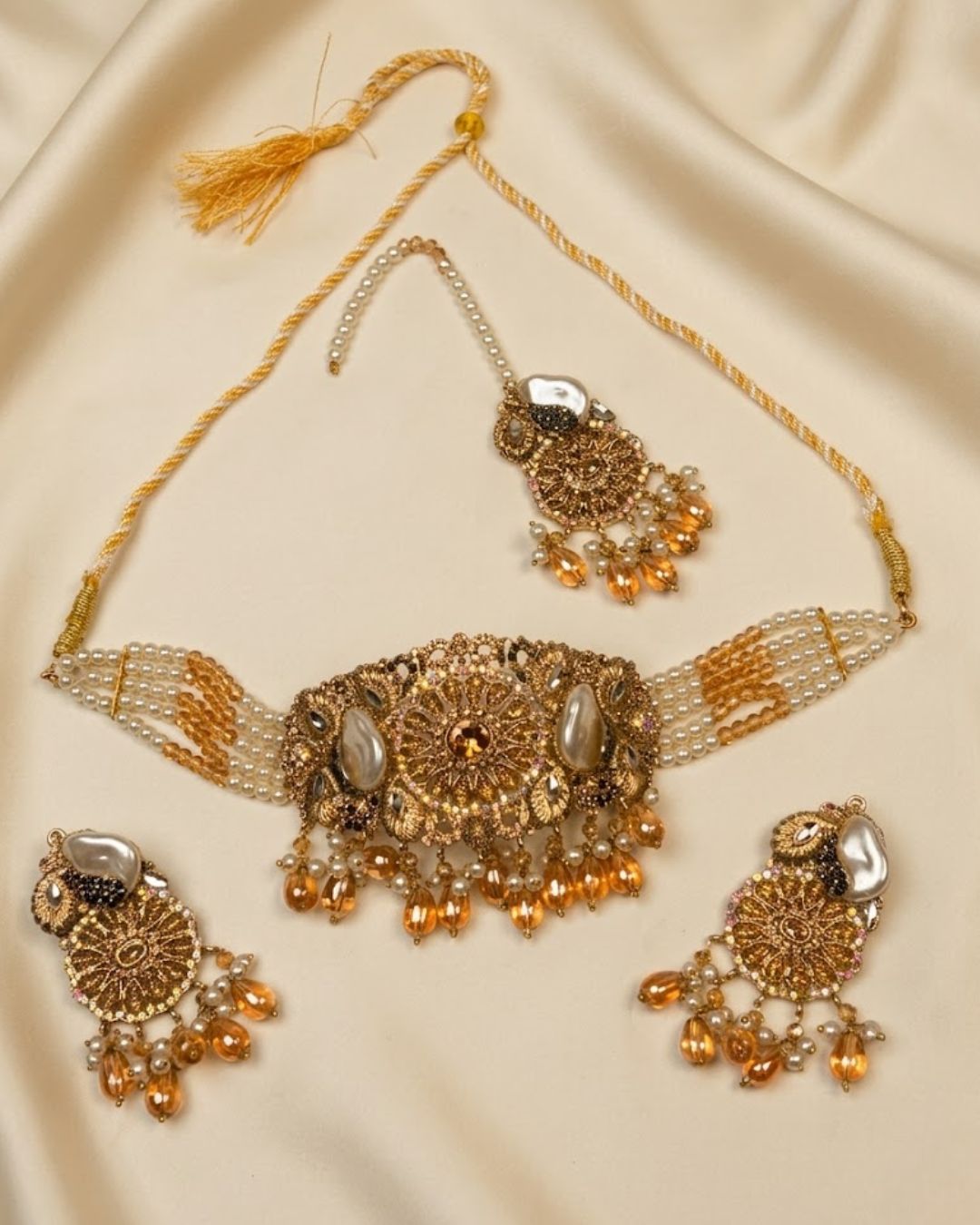 Pearl Beaded Crystal Choker Set with Earrings & Tikka