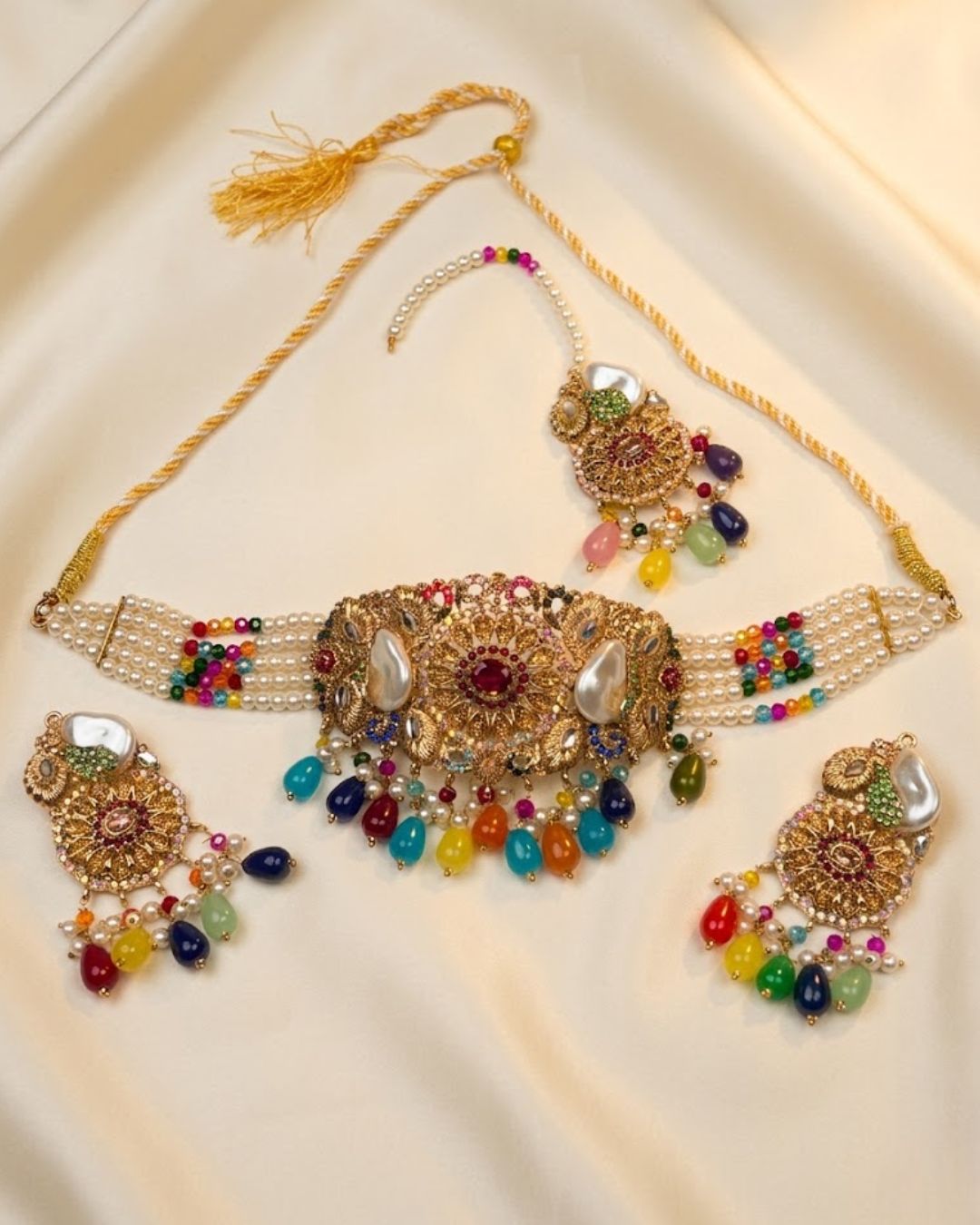 Pearl Beaded Crystal Choker Set with Earrings & Tikka