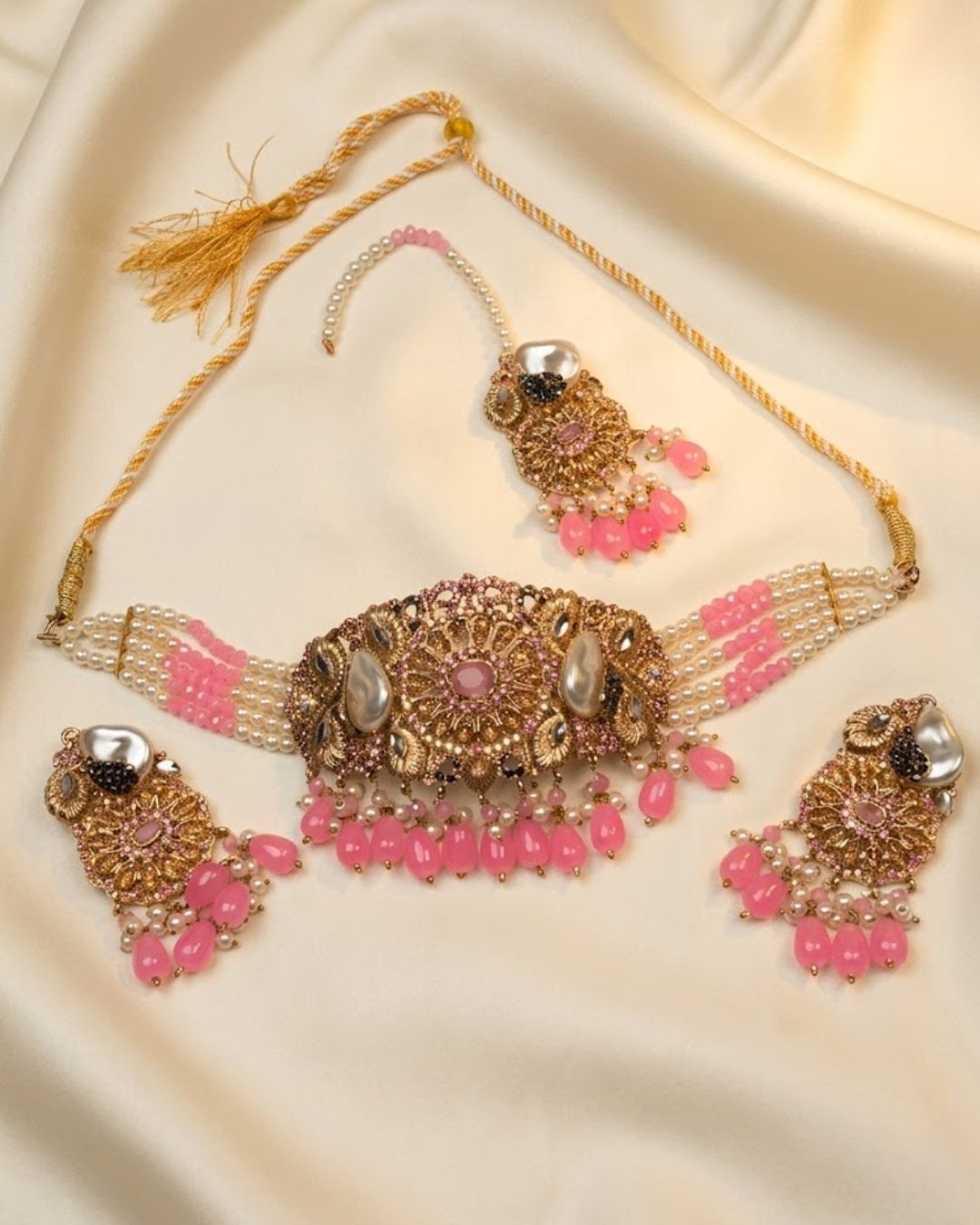 Pearl Beaded Crystal Choker Set with Earrings & Tikka