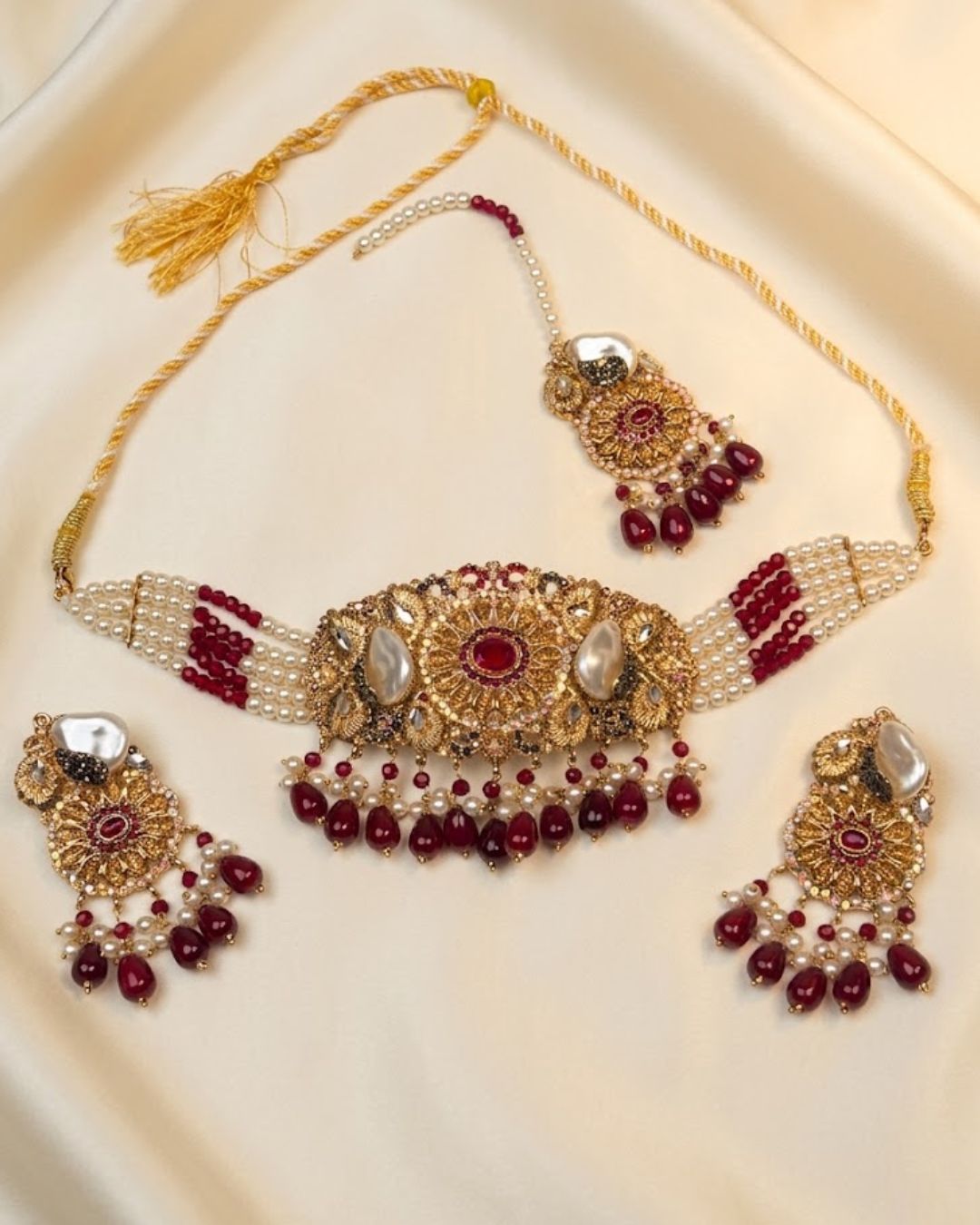 Pearl Beaded Crystal Choker Set with Earrings & Tikka