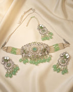 Pearl Beaded Crystal Choker Set with Earrings & Tikka