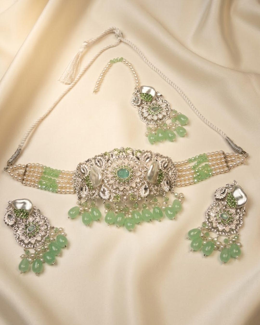 Pearl Beaded Crystal Choker Set with Earrings & Tikka