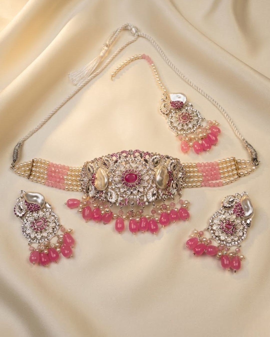 Pearl Beaded Crystal Choker Set with Earrings & Tikka