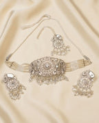 Pearl Beaded Crystal Choker Set with Earrings & Tikka