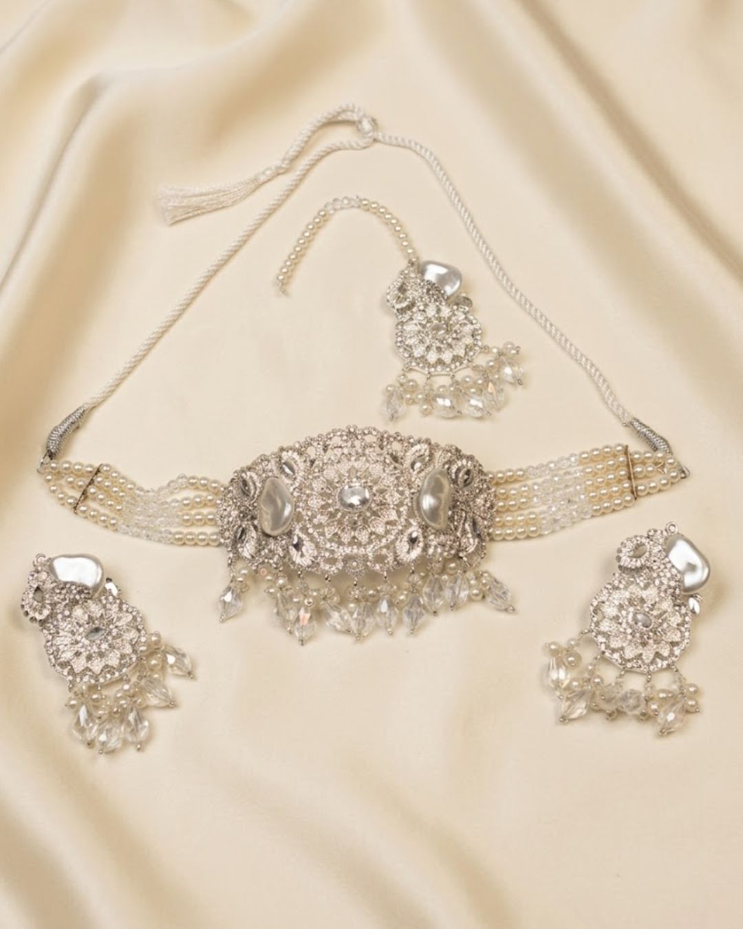 Pearl Beaded Crystal Choker Set with Earrings & Tikka