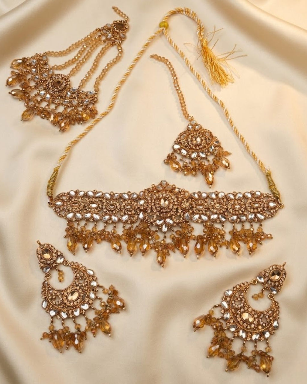 Mirror Pearl Bridal Choker Set with Earrings & Tikka