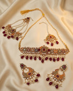 Mirror Pearl Bridal Choker Set with Earrings & Tikka