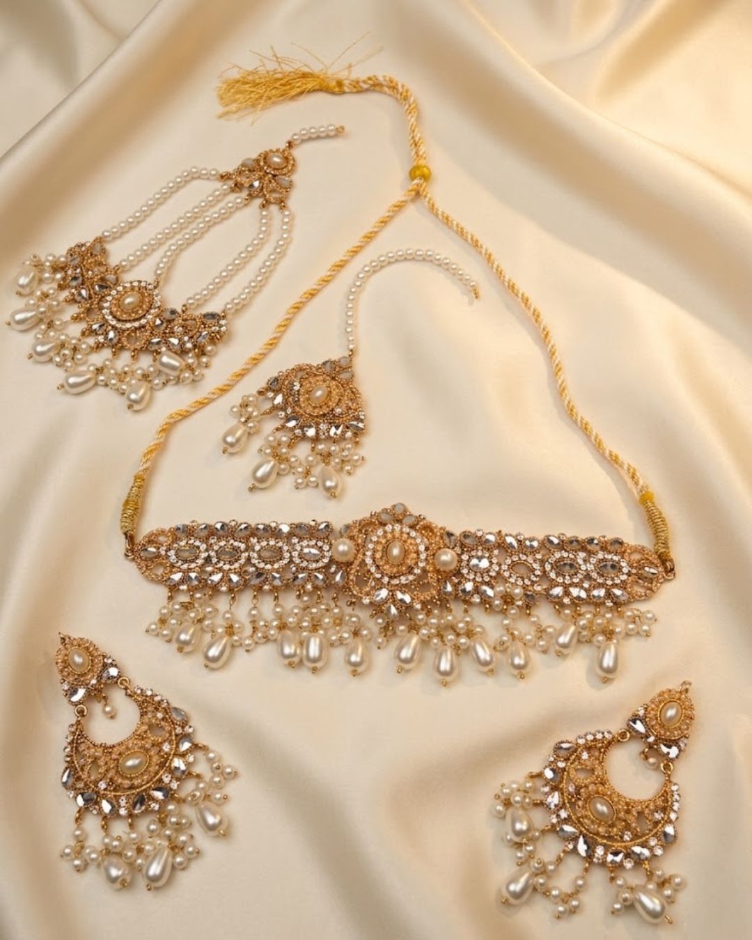 Mirror Pearl Bridal Choker Set with Earrings & Tikka