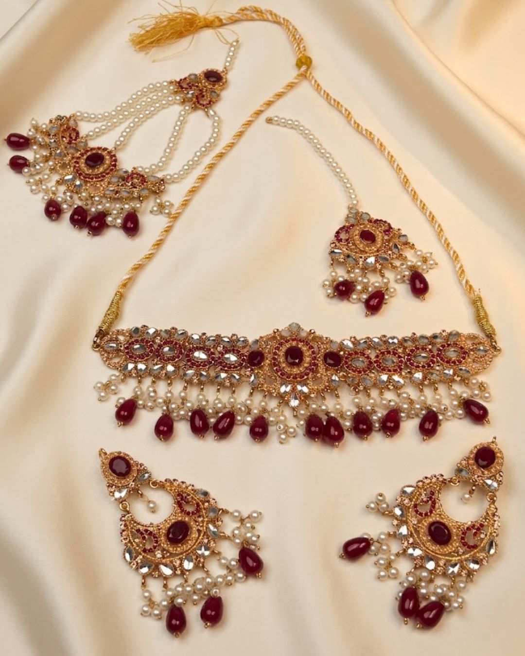 Mirror Pearl Bridal Choker Set with Earrings & Tikka