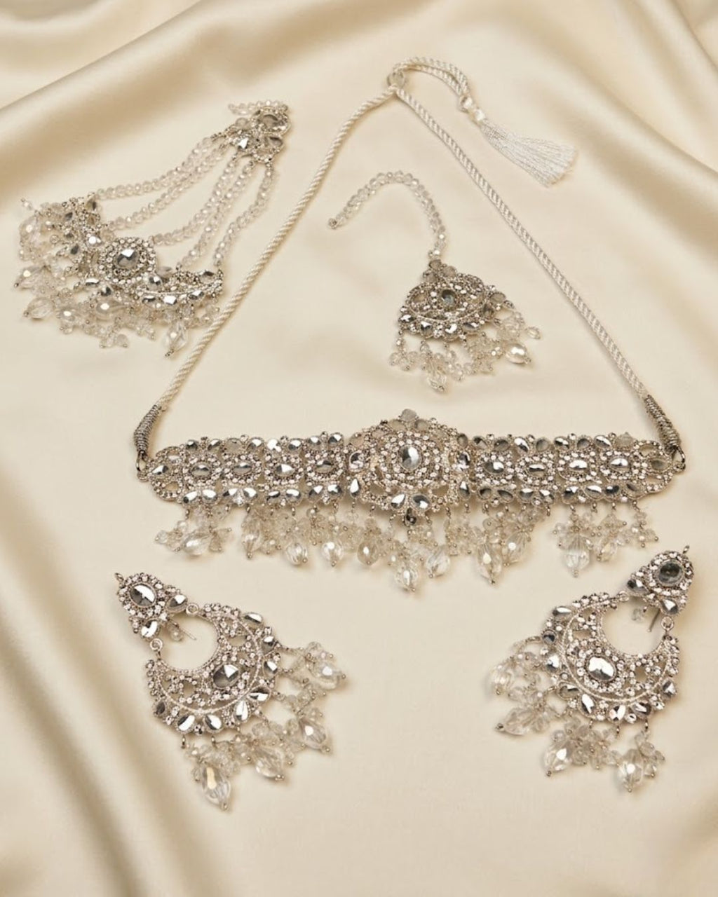 Mirror Pearl Bridal Choker Set with Earrings & Tikka