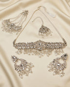 Mirror Pearl Bridal Choker Set with Earrings & Tikka