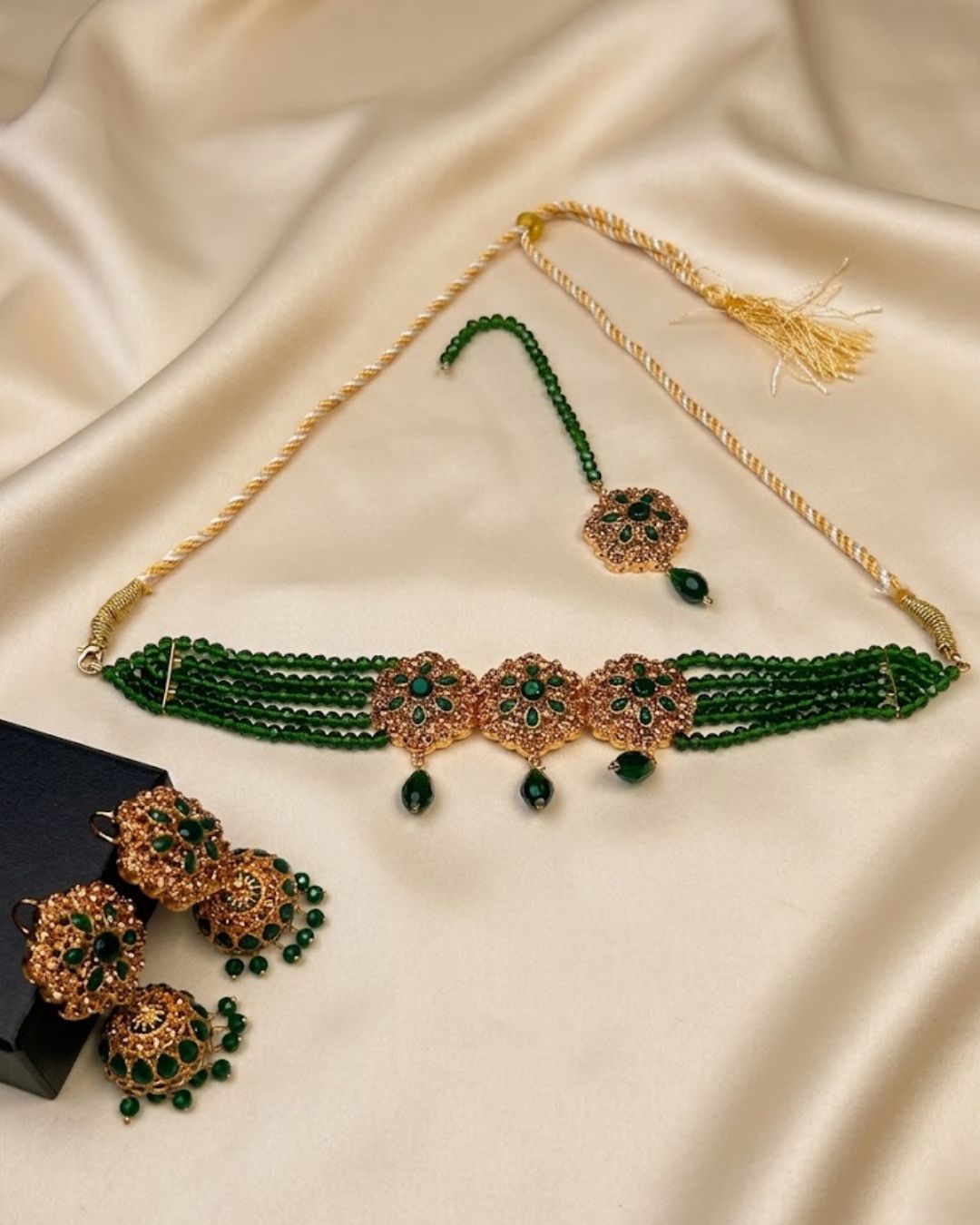Floral Pearl Beaded Choker Set with Jhumka Earrings & Tikka