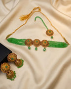 Floral Pearl Beaded Choker Set with Jhumka Earrings & Tikka