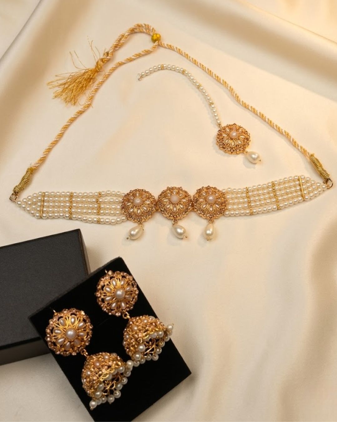Floral Pearl Beaded Choker Set with Jhumka Earrings & Tikka