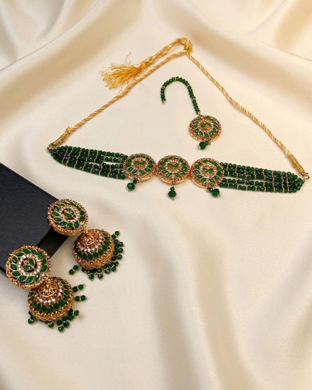 Round Floral Beaded Choker Set with Jhumka Earrings & Tikka