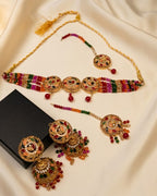 Round Floral Beaded Choker Set with Jhumka Earrings & Tikka