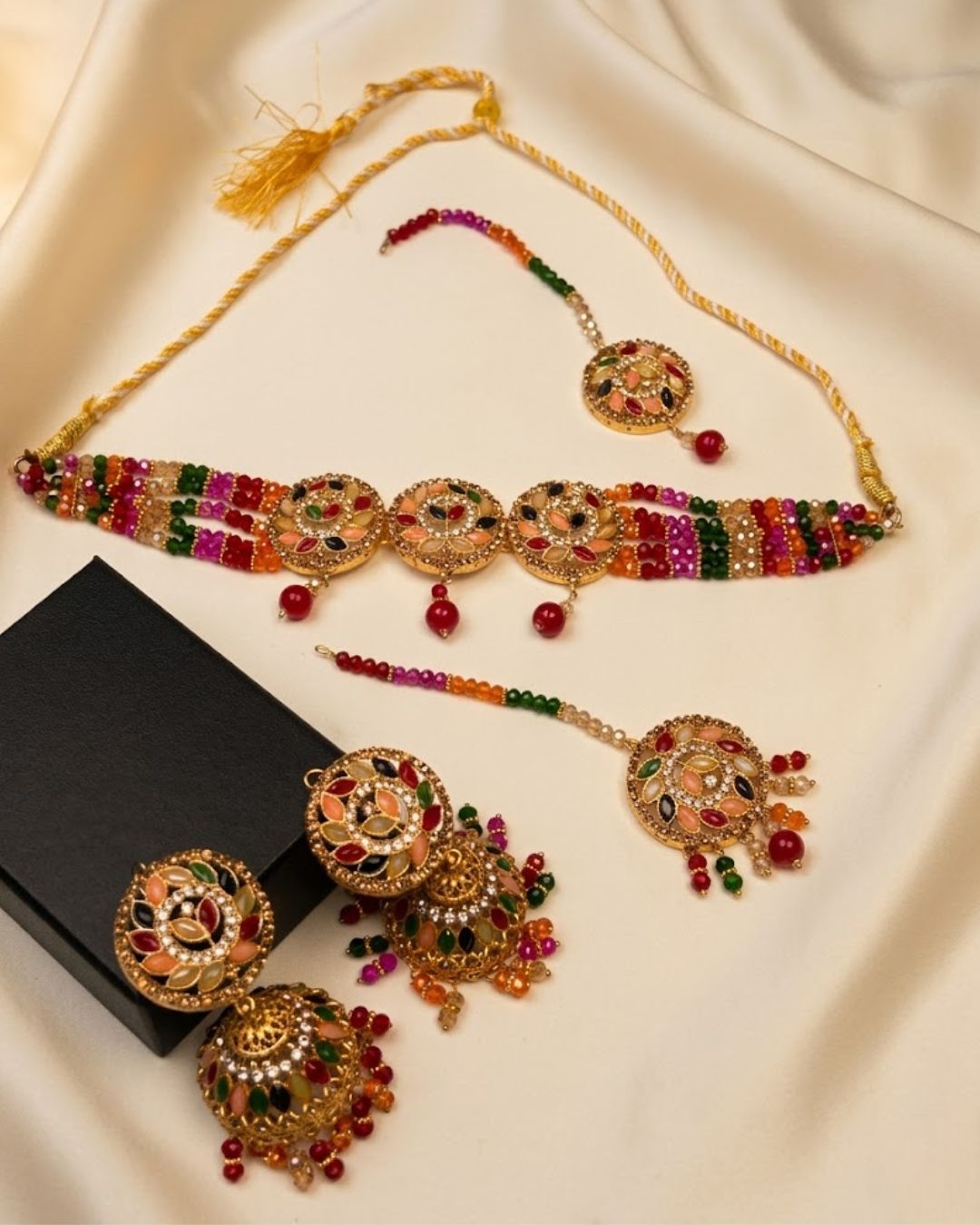 Round Floral Beaded Choker Set with Jhumka Earrings & Tikka