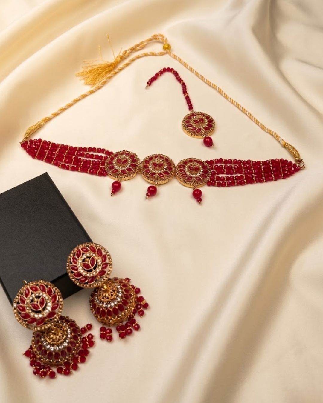 Round Floral Beaded Choker Set with Jhumka Earrings & Tikka