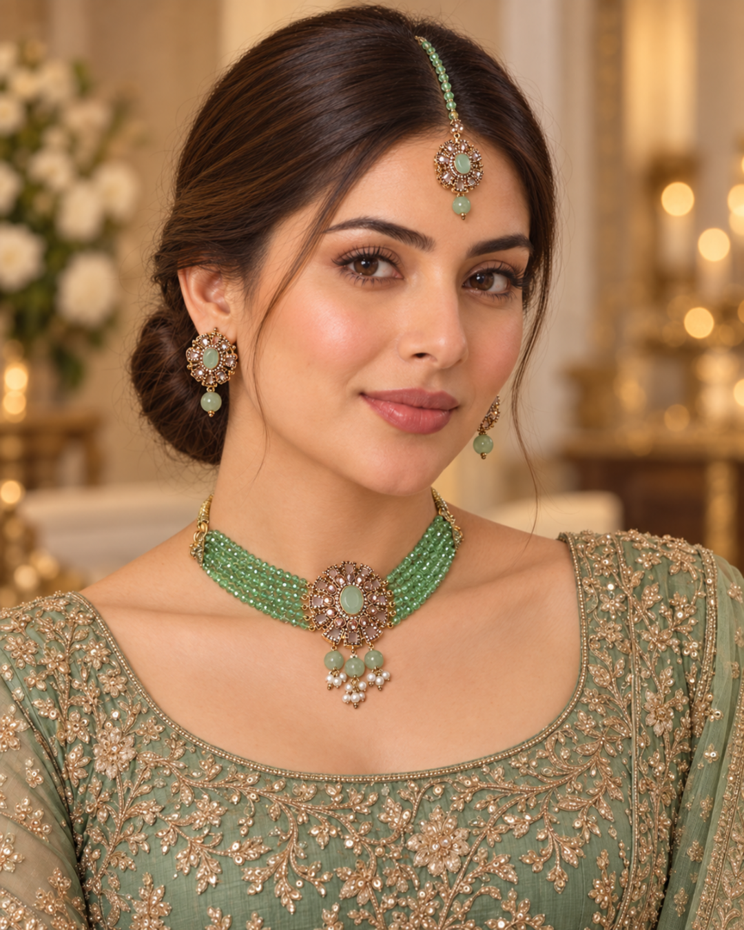 A woman wearing a green beaded necklace, matching drop earrings, and a green embroidered blouse with gold detailing, photographed in an indoor setting with warm blurred lights in the background.