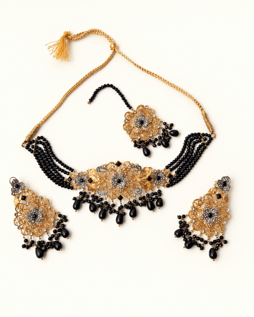 Multi-Strand Beaded Floral Choker Set with Earrings & Tikka