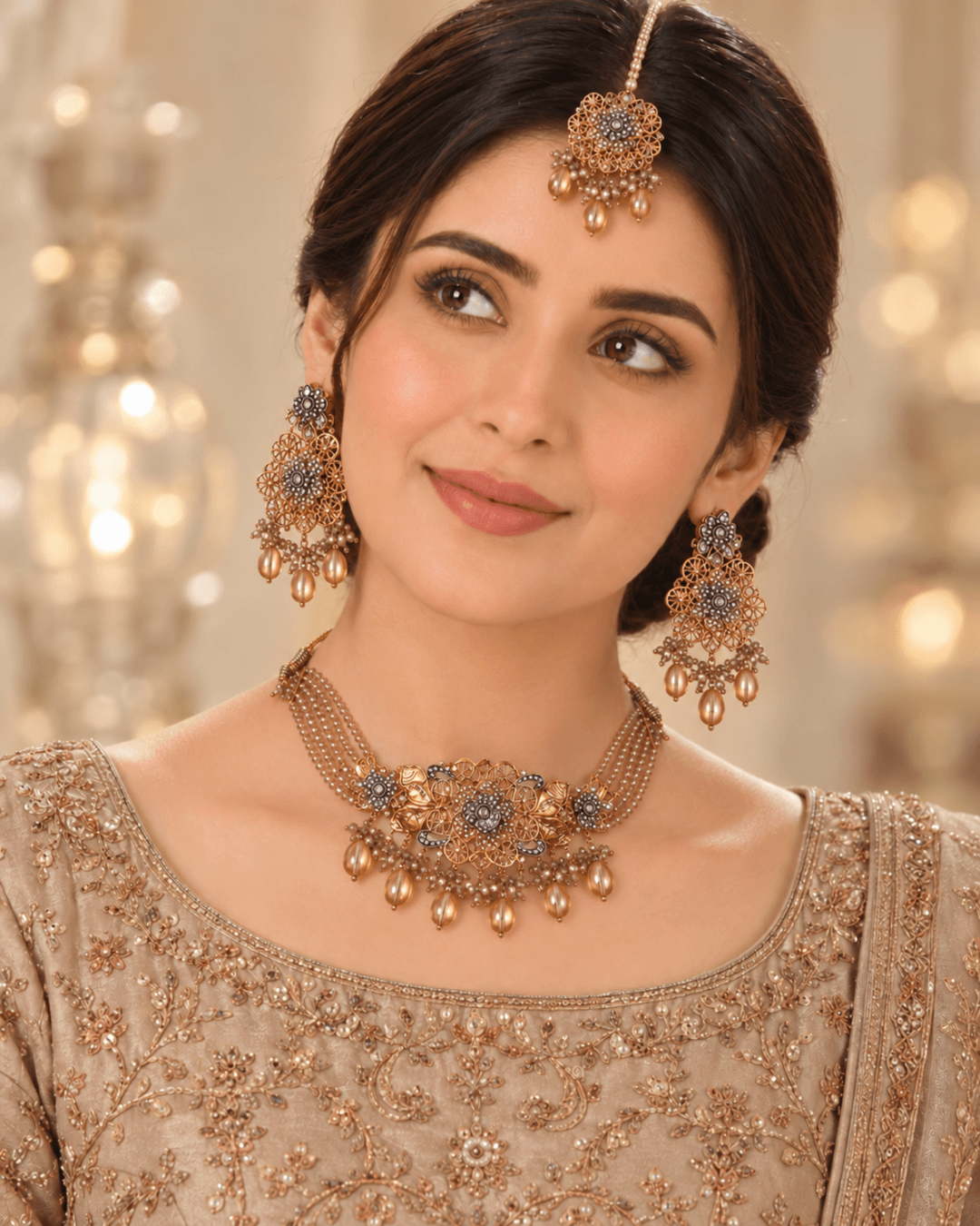 Multi-Strand Beaded Floral Choker Set with Earrings & Tikka