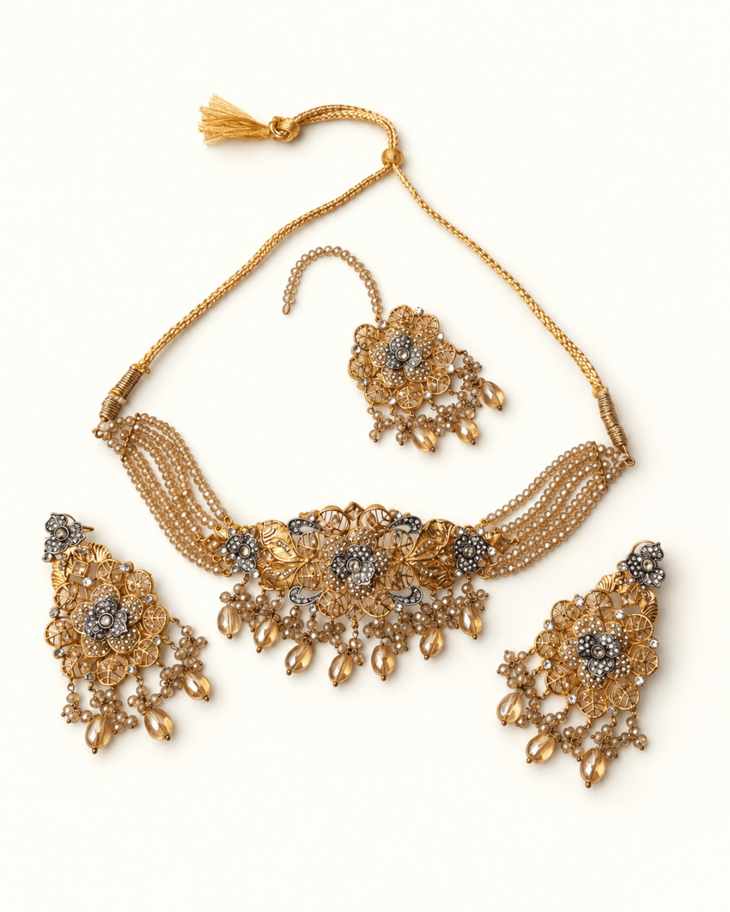 Multi-Strand Beaded Floral Choker Set with Earrings & Tikka
