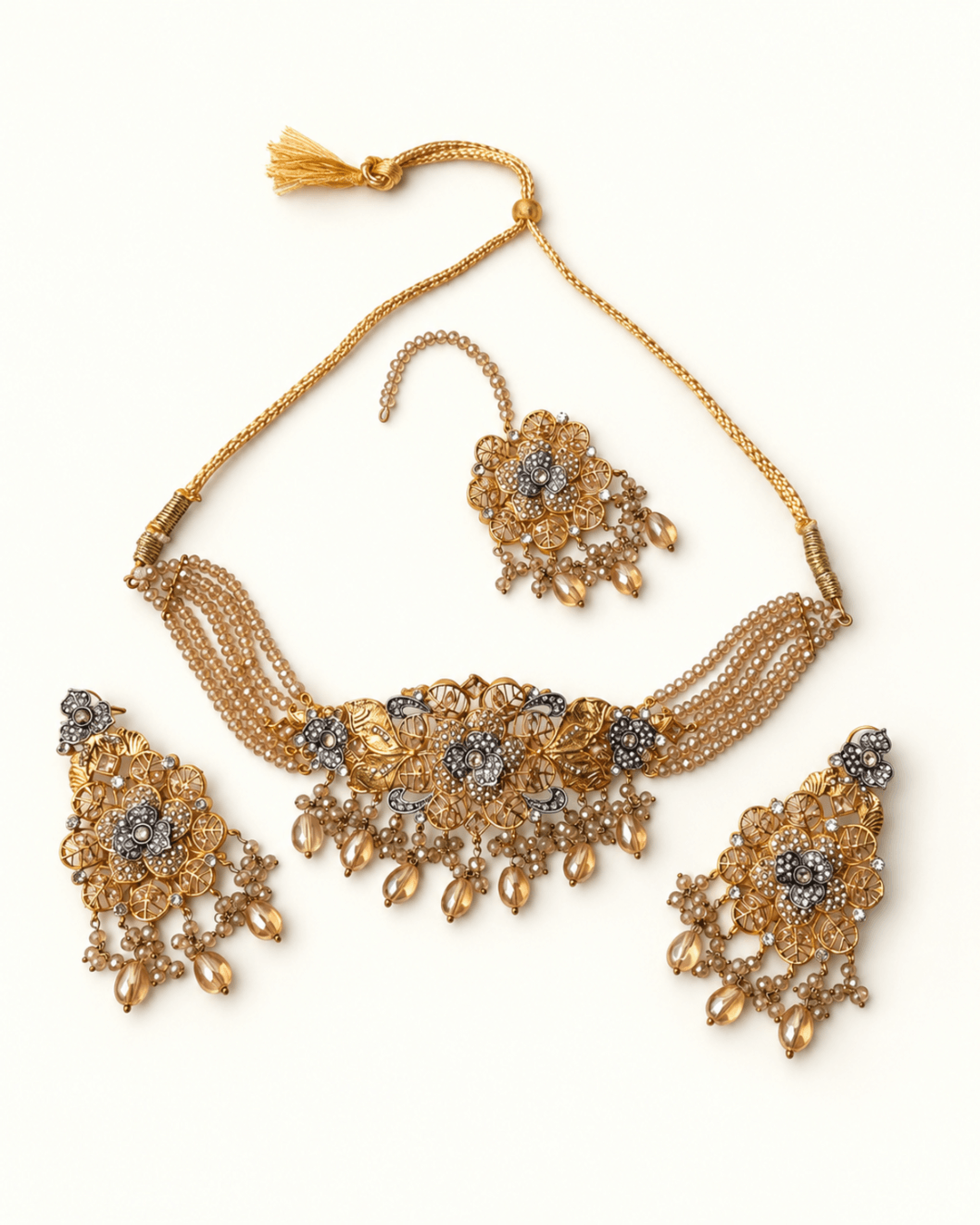 Multi-Strand Beaded Floral Choker Set with Earrings & Tikka
