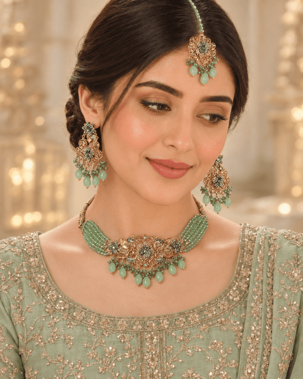 Multi-Strand Beaded Floral Choker Set with Earrings & Tikka