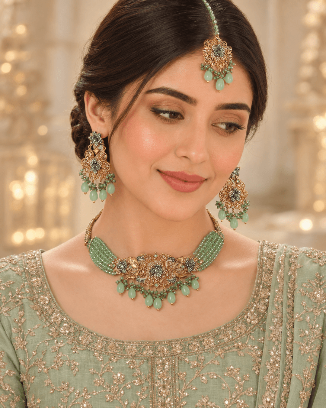 Multi-Strand Beaded Floral Choker Set with Earrings & Tikka