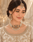 Multi-Strand Beaded Floral Choker Set with Earrings & Tikka