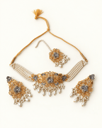 Multi-Strand Beaded Floral Choker Set with Earrings & Tikka